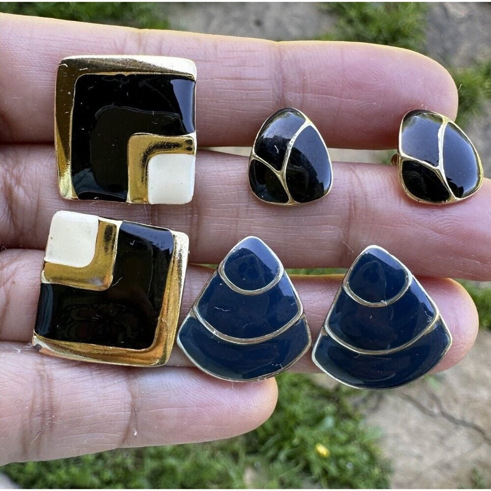 VTG 80's Stud Earrings Black Blue Gold Tone Geometric Pattern‎ Fashion 3 Set Lot